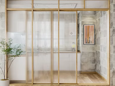 Modern Sliding Door Interior Design With Glass Panels Wooden Frame And Green Plant Decoration 3d model