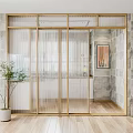 Modern Sliding Door Interior Design With Glass Panels Wooden Frame And Green Plant Decoration