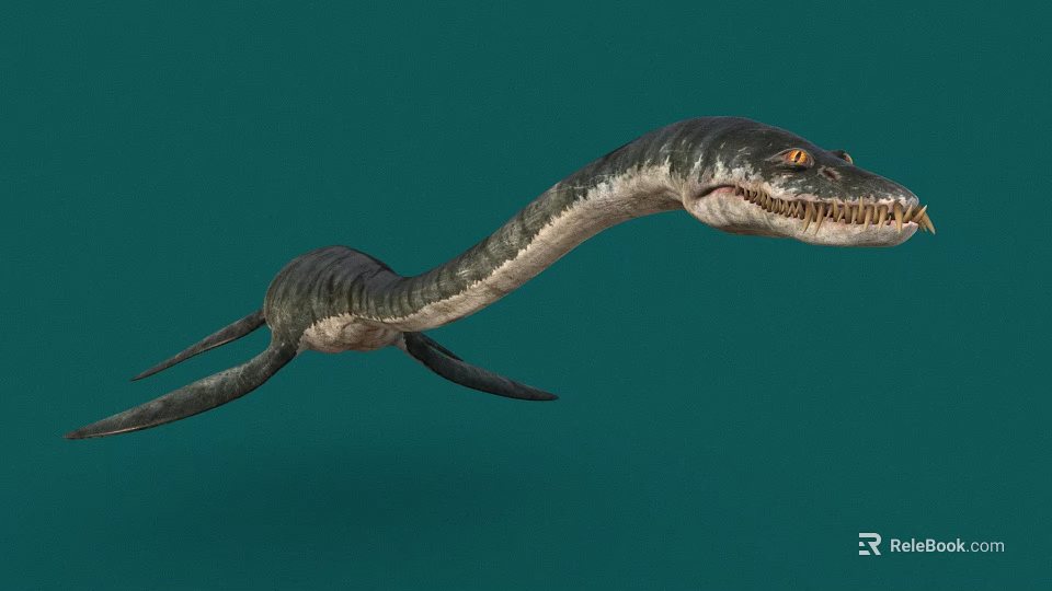 Long Neck Marine Reptile 3D Model With Sharp Teeth On Green Background 3d model