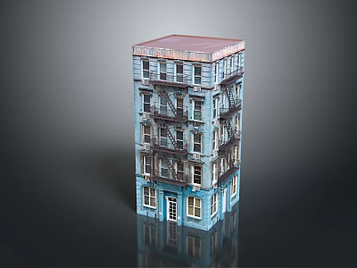 Detailed Multistory Building Model Featuring Red Roof Blue Exterior Fire Escapes Windows And Door 3d model