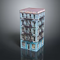 Detailed Multistory Building Model Featuring Red Roof Blue Exterior Fire Escapes Windows And Door