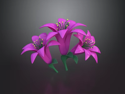 Three Purple Flowers With Purple Petals Yellow Stamens Green Stems And Leaves 3d model