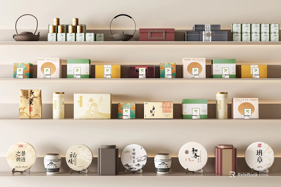 Assorted Tea Products Displayed on Shelves with Various Packages Including Boxes Cans and Cakes 3d model 