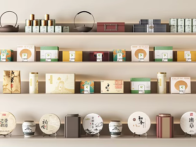 Assorted Tea Products Displayed on Shelves with Various Packages Including Boxes Cans and Cakes 3d model