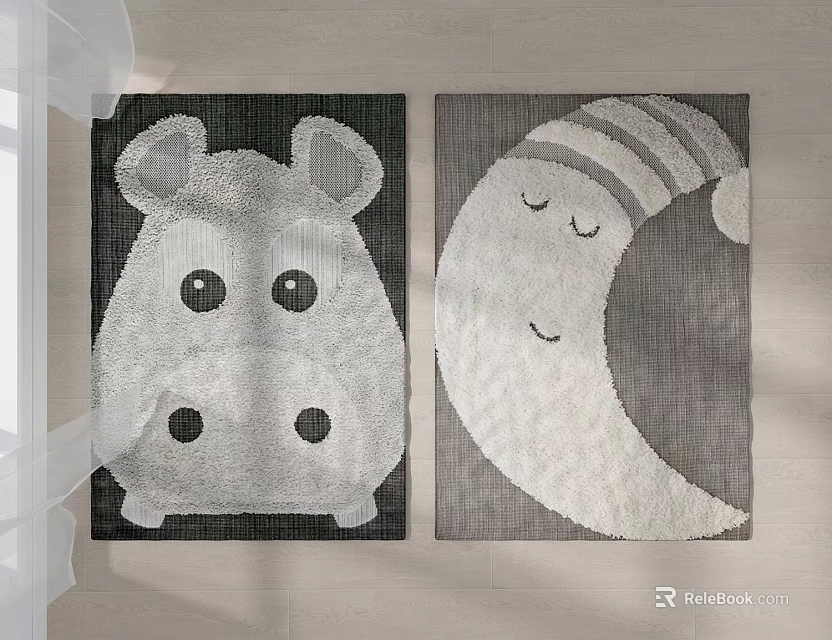 Cute Square Rugs With Hippo And Moon Patterns In Black White Gray 3d model 