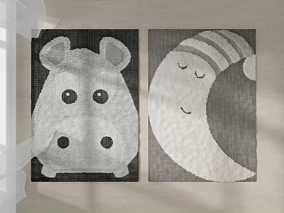 Cute Square Rugs With Hippo And Moon Patterns In Black White Gray 3d model