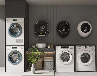 Modern Bathroom Cabinet Rack With Washing Machines Dryers Sink And Storage Baskets 3d model
