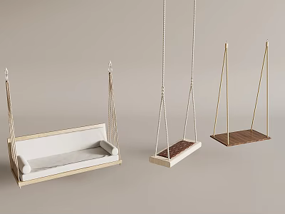 Minimalist Hanging Chairs Featuring Various Designs Including Fabric Cushioned Benches And Wooden Seats 3d model