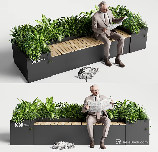 Landscape Bench With Wooden Seat Black Metal Frame Green Plants And Man Reading Newspaper 3d model 