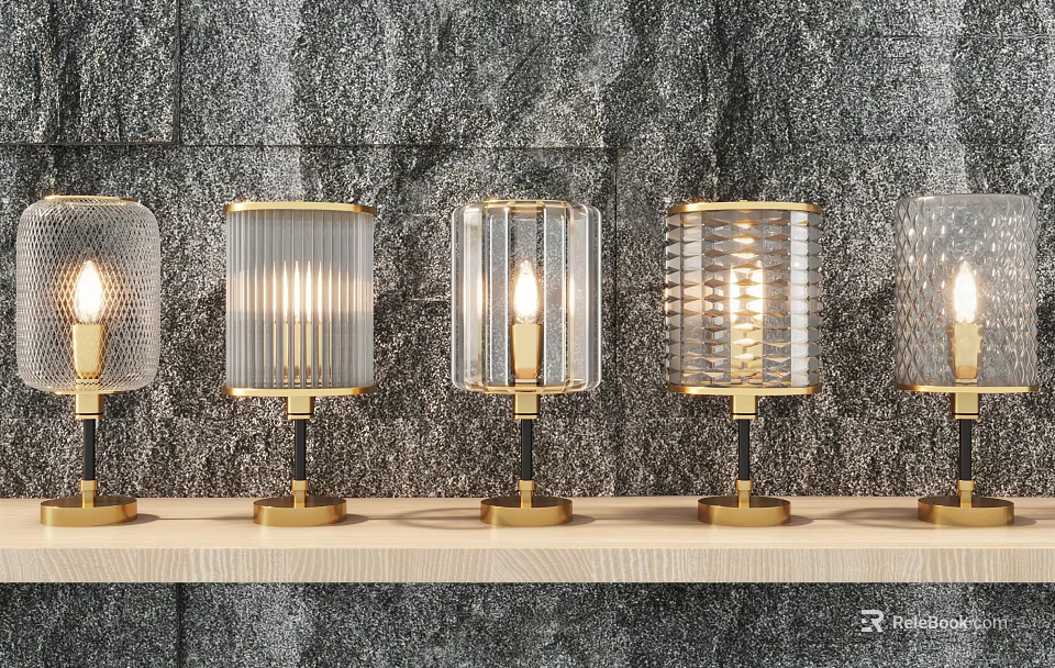 Multiple Lit Table Lamps With Glass Shades And Metal Bases On Wooden Shelf 3d model 