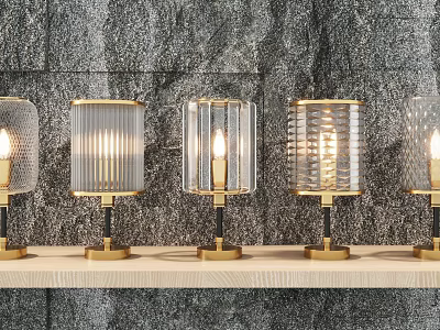 Multiple Lit Table Lamps With Glass Shades And Metal Bases On Wooden Shelf 3d model