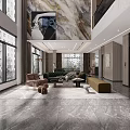 Spacious Living and Dining Room With Marble Wall Floor to Ceiling Windows and Modern Furniture