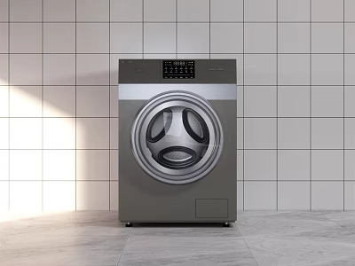Modern Gray Washing Machine With Digital Control Panel Against White Tile Wall And Gray Floor 3d model