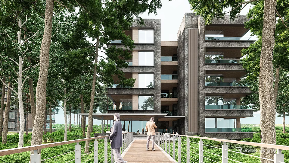Multi story Boutique Guesthouse with Large Windows Balconies Lush Green Trees and Wooden Walkway 3d model 