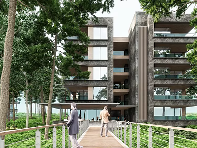 Multi story Boutique Guesthouse with Large Windows Balconies Lush Green Trees and Wooden Walkway 3d model