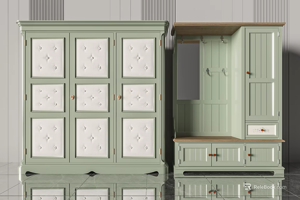 Elegant Light Green Wardrobe With Upholstered Panels Hanging Area Drawers And Hooks 3d model 