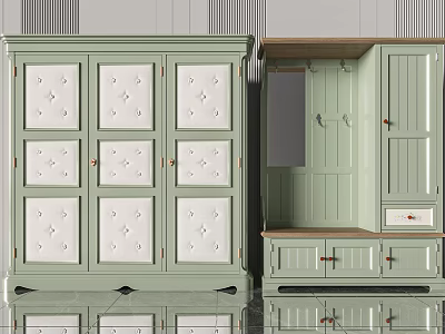 Elegant Light Green Wardrobe With Upholstered Panels Hanging Area Drawers And Hooks 3d model