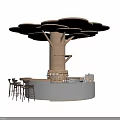 Tree Shaped Wooden Bar Counter With Round Top Canopy And Bar Stools