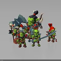 3D Rendered Green Goblin Orc Characters With Axes Swords And Colorful Hats Outfits