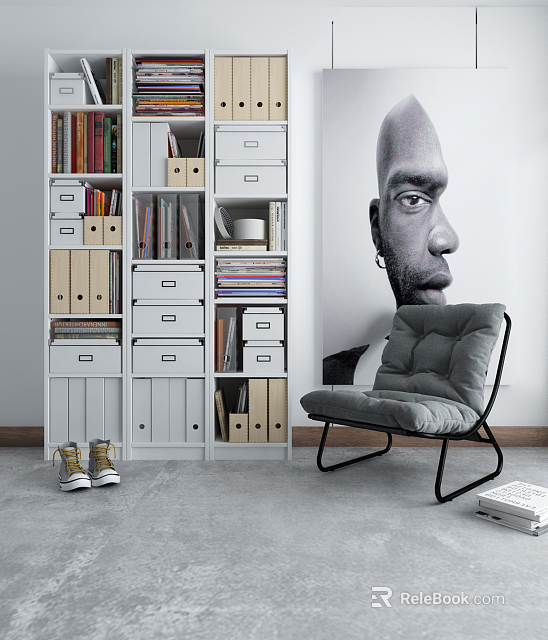 Modern White Bookcase Interior With Books Drawers Gray Chair And Wall Portrait 3d model 