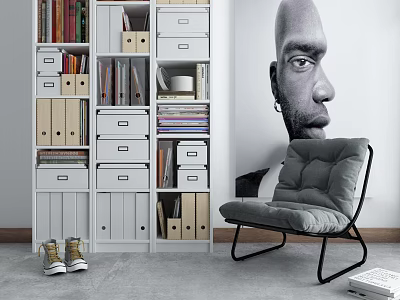 Modern White Bookcase Interior With Books Drawers Gray Chair And Wall Portrait 3d model