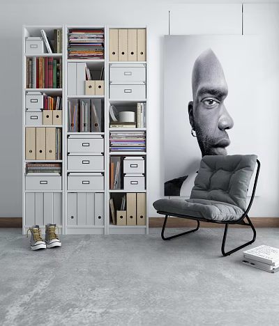 Modern White Bookcase Interior With Books Drawers Gray Chair And Wall Portrait 3d model