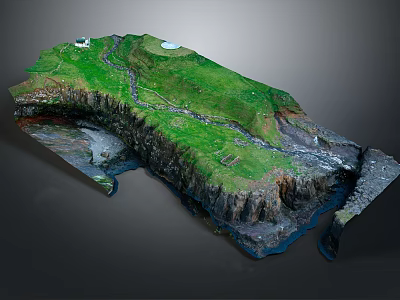 Garden Landscape Featuring Lush Green Grass Winding Stream Rocky Terrain and Small Structures 3d model