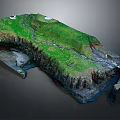 Garden Landscape Featuring Lush Green Grass Winding Stream Rocky Terrain and Small Structures