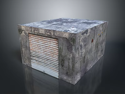 Gray Weathered Concrete Cube Structure With Metal Roller Shutter Door And Textured Surface 3d model