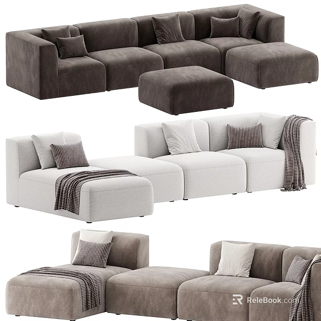 Modern Sectional Sofa With Plush Pillows Ottoman And Throw Blankets In Living Room Interior 3d model 