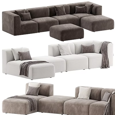 Modern Sectional Sofa With Plush Pillows Ottoman And Throw Blankets In Living Room Interior 3d model