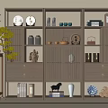 Traditional Chinese Wooden Display Shelf Featuring Porcelain Books And Decorative Accents