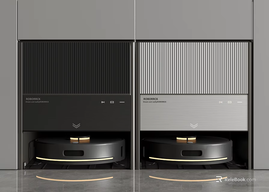 Modern Smart Cleaning Robot With Striped Panel Design And Black Silver Docking Stations 3d model 