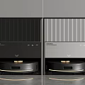 Modern Smart Cleaning Robot With Striped Panel Design And Black Silver Docking Stations 3d model