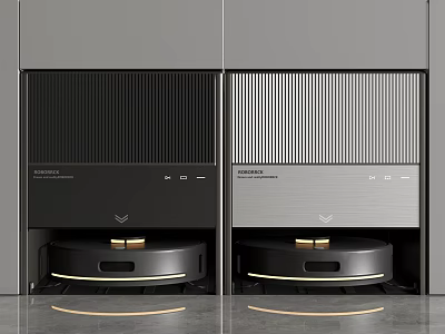 Modern Smart Cleaning Robot With Striped Panel Design And Black Silver Docking Stations 3d model