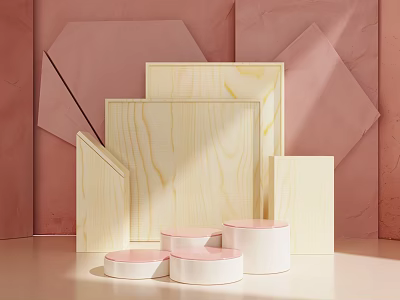 Wooden Geometric Shapes And White Pedestals With Pink Tops On Pink Background For Product 3d model