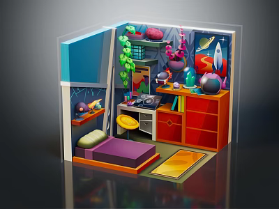 Cartoon Style Room Interior With Colorful Furniture Decorative Posters Green Plants And Bookshelf 3d model