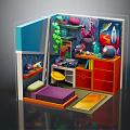 Cartoon Style Room Interior With Colorful Furniture Decorative Posters Green Plants And Bookshelf