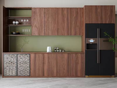 Modern Wooden Kitchen Cabinets With Open Shelves Green Backsplash Countertop Glass Doors And Small Appliances 3d model