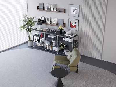 Modern Bookcase With Books Decorative Items Framed Artworks And Potted Plant 3d model