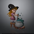 Cute Witch Girl Stirring Green Potion In Cauldron With Burning Firewood And Bubbles