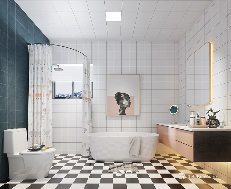 Elegant Bathroom Interior with Dark Blue Wall White Grid Tiles Bathtub Checkered Floor and Mirror 3d model 