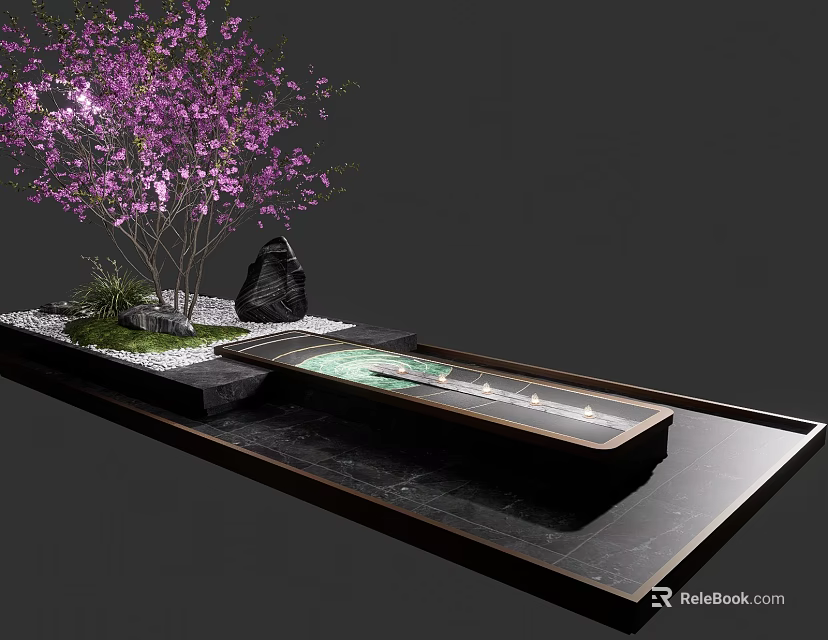 Garden Landscape Design With Purple Flowering Tree Black Stone And Water Feature 3d model 