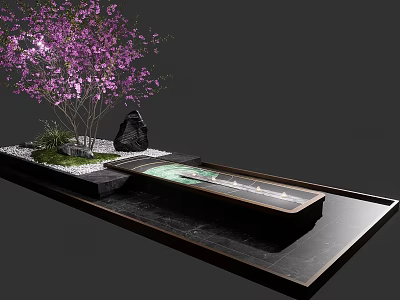 Garden Landscape Design With Purple Flowering Tree Black Stone And Water Feature 3d model