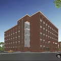 Red Brick Multi Story School Building With Balconies Trees Pedestrians And Clear Blue Sky