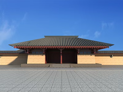 Traditional Ancient Architecture Featuring Classic Tiled Roof Wooden Gateway and Open Plaza Under Blue Sky 3d model