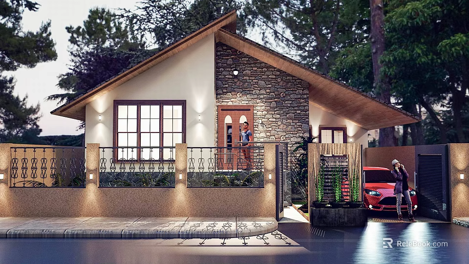 Modern Detached Villa Exterior With Stone Wall Large Windows Outdoor Lights And Trees 3d model 