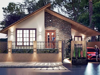 Modern Detached Villa Exterior With Stone Wall Large Windows Outdoor Lights And Trees 3d model