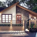 Modern Detached Villa Exterior With Stone Wall Large Windows Outdoor Lights And Trees