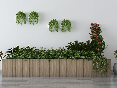 Decorative Hanging Greenery In Wooden Planter With Climbing Red Flowers 3d model